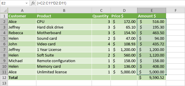 Insert array formulas